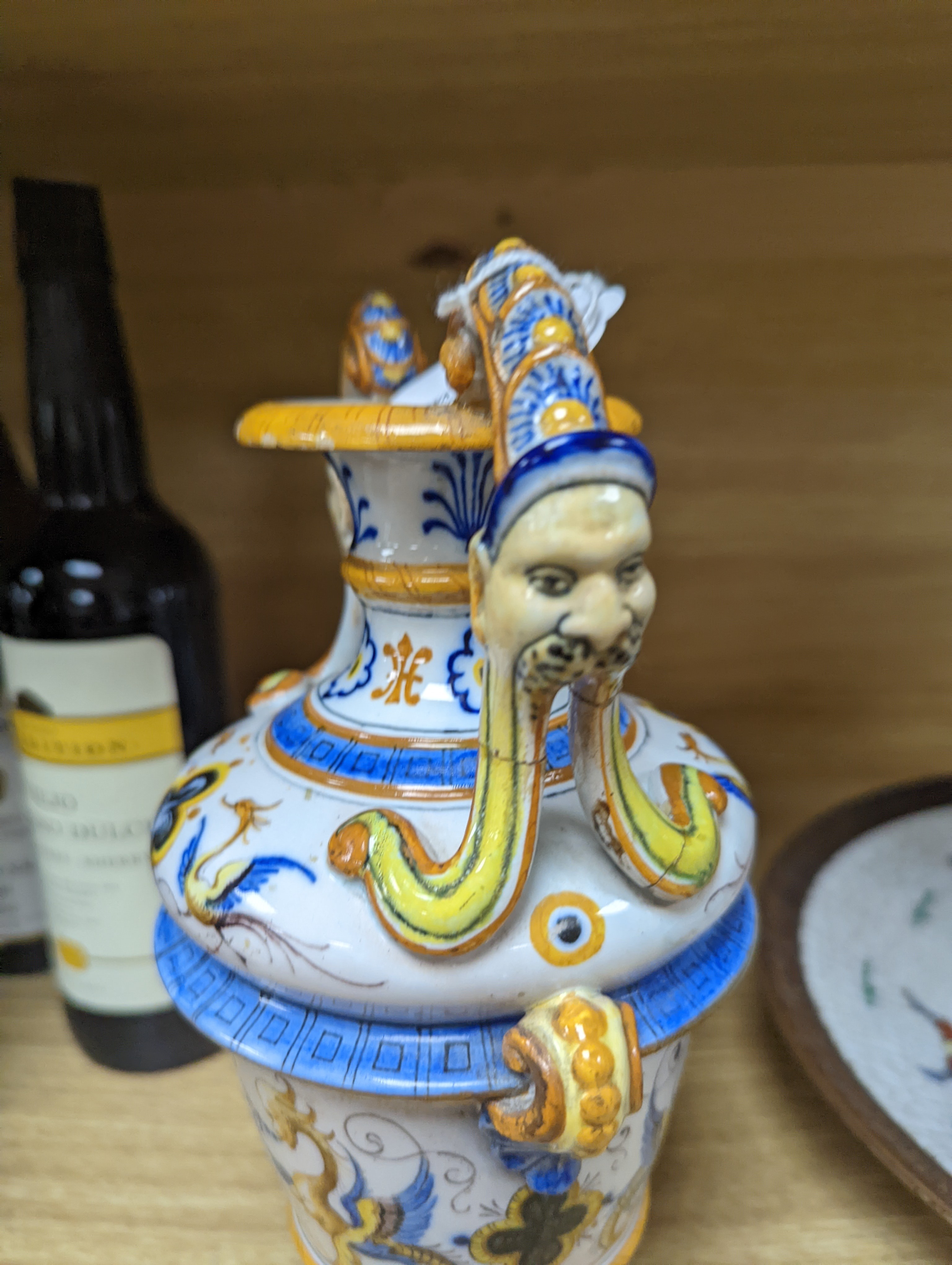 A Ginori maiolica two handled vase and Delft polychrome double cylinder teapot 27cm